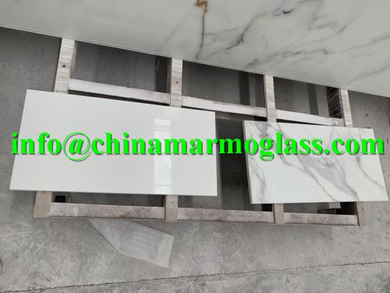 super white nano glass and calacatta nano glass slab