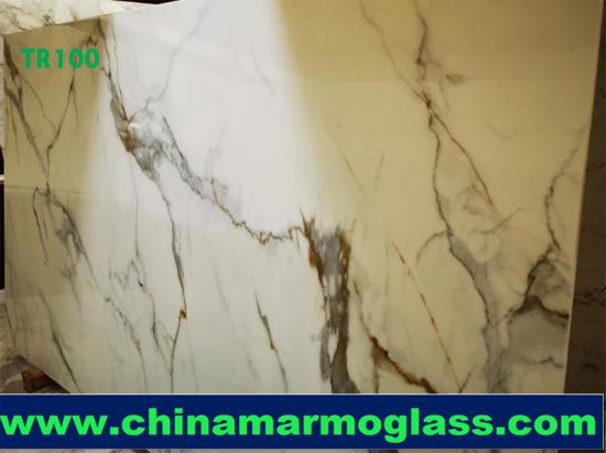 Premium Calacatta Gold Vein Nano Glass Slab Polished 18mm from Tianrun Stoneglass